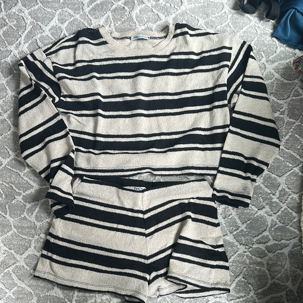 Striped Black and Cream Sweater and Shorts Set